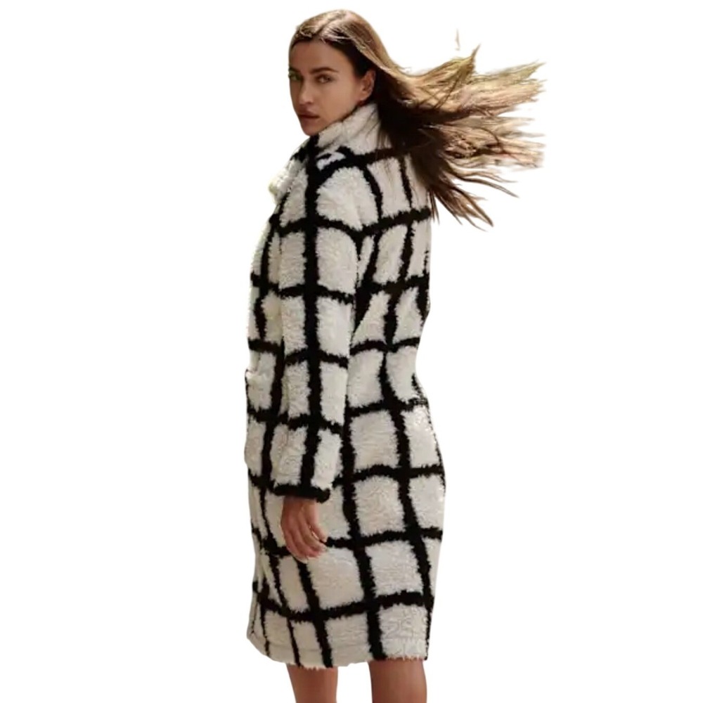Davi & Dani Sherpa Plaid Long Coat Teddy Fleece Jacket 1XL Black White NWT